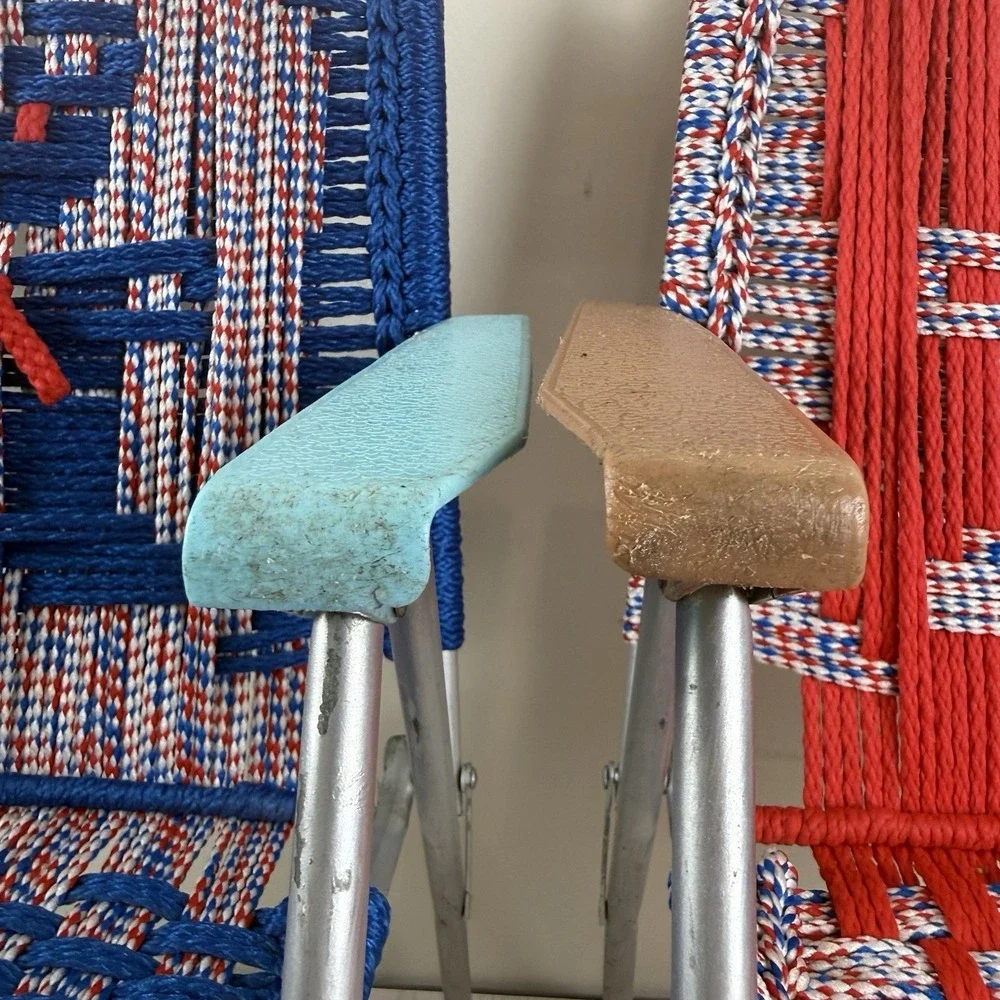 Vtg Set 2 Aluminum Folding Lawn Chair Child Sz Macrame Weave‎ Woven Chair Match